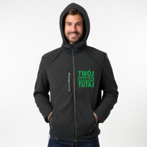 Kurtka softshell kaptur na stałe z własnym nadrukiem Kurtka softshell kaptur na stałe z własnym nadrukiem